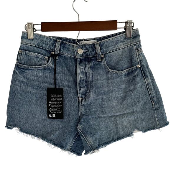 PAIGE NOELLA BUTTON FLY CUTOFF DENIM SHORTS IN SERINE NWT WOMEN'S SIZE 24 - Picture 2 of 16